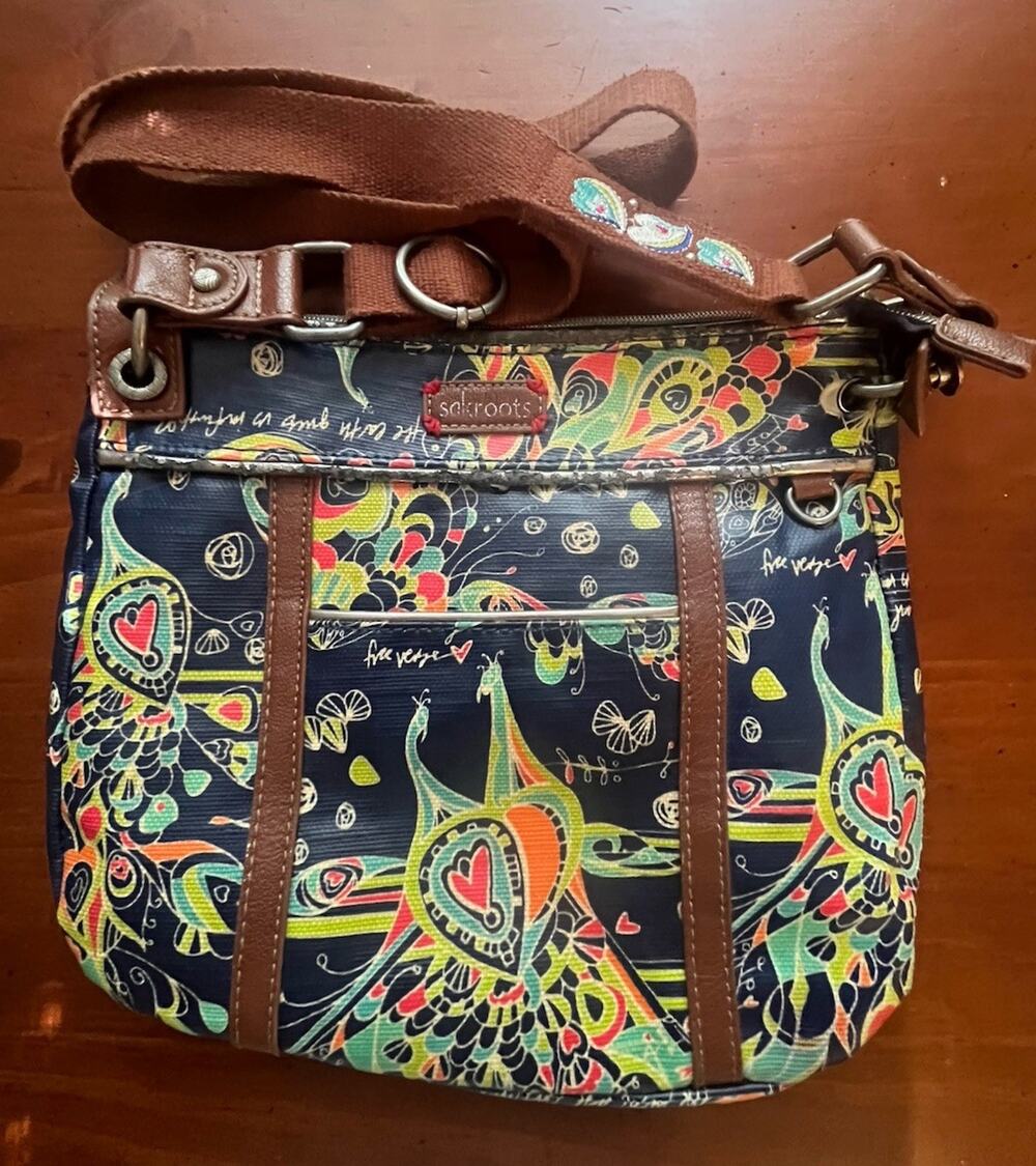Sakroots Peacock Peace Heart Print Crossbody Bag Whimsical Nature Coated Canvas